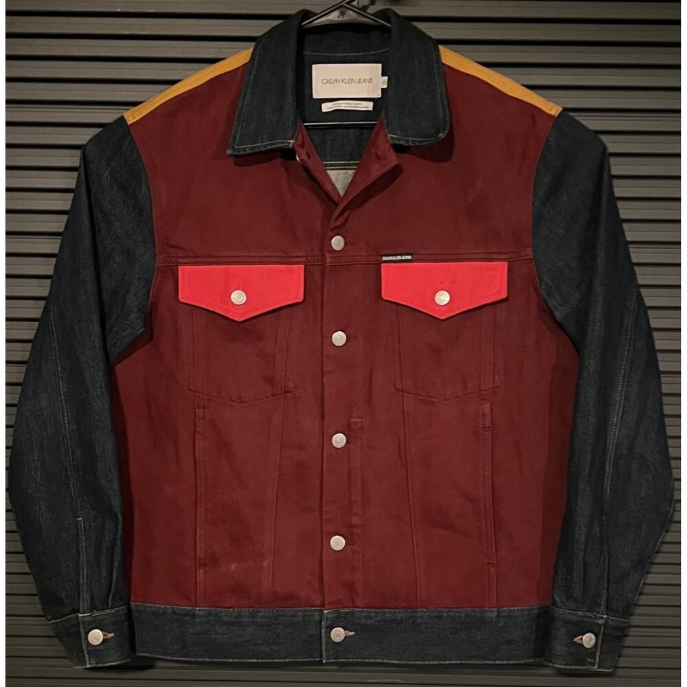 Calvin Klein Jeans Mens Large Denim Western Jacket‎ Colorblock Red/Yellow/Blue